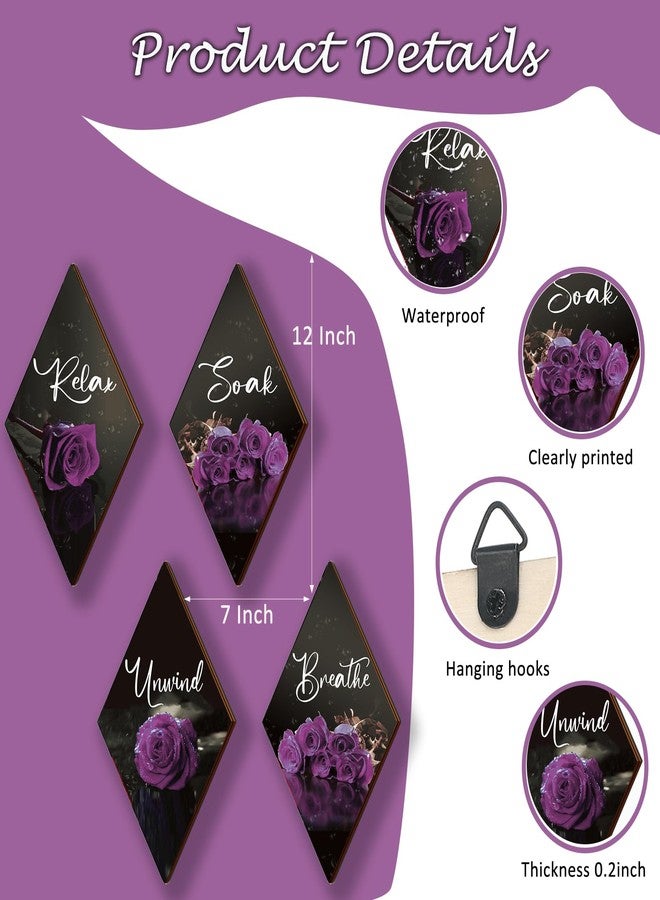 ONIZHITY مجموعة أونيزيتي من 4 قطع ديكور حمام أرجواني، ديكور حائط خشبي على شكل وردة، ديكور حائط ريفي رومانسي مزين بالزهور، لافتة "تنفس، استرخِ، استجم" باللون الأرجواني لغرفة النوم والحمام (أرجواني 12 × 7) - Image 5